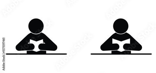 Cartoon person reading a book. Read a newspaper paper. learn book icon or symbol. Studying, school concept. Book reader logo. Student, learns from books. World book Day.