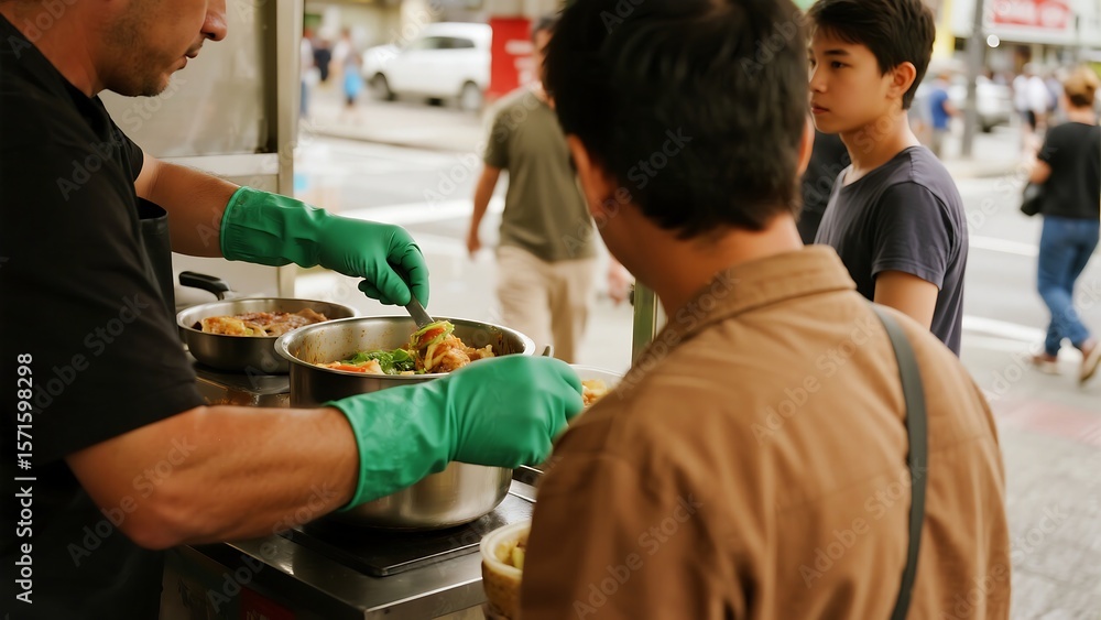 Obraz premium Food vendor prepares Asian cuisine on the street, serving lunch to waiting customers in a busy city environment.