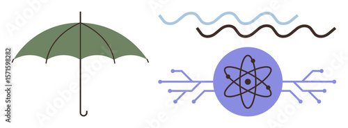Green umbrella symbolizes protection. Wavy lines evoke flow and motion. Atomic structure with circuit links signifies science, connection, and innovation. Ideal for protection, fluidity, technology