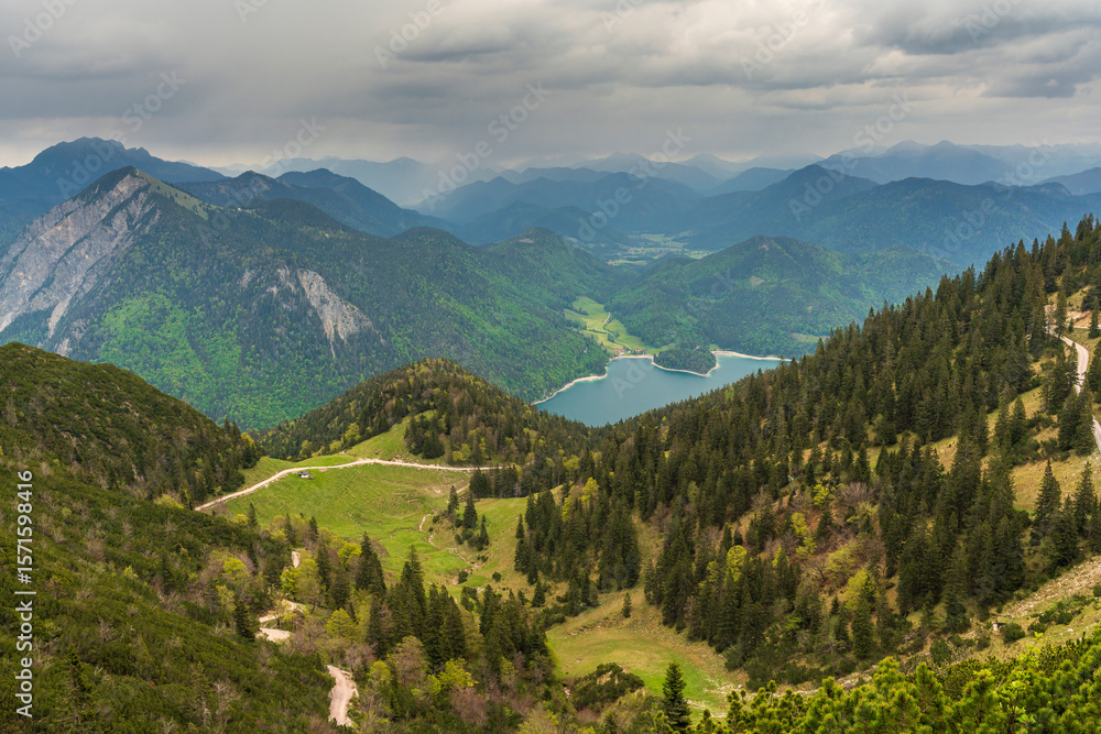 Obraz premium Herzogstand view to the Walchensee lake with a view though the forest trees