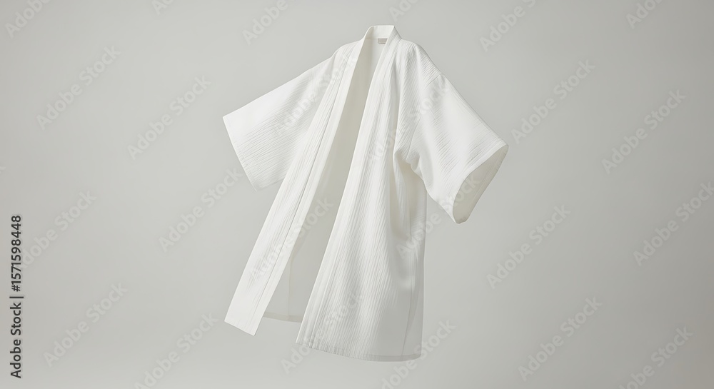 Elegant White Kimono Jacket or Robe with Textured Fabric, Minimalist Studio Shot Isolated on a Clean Background, Highlighting Japanese Style and Luxurious Comfort for Spa, Fashion, and Relaxation Elegant White Kimono Jacket or Robe with Textured Fabric, Minimalist Studio Shot Isolated on a Clean Background, Highlighting Japanese Style and Luxurious Comfort for Spa, Fashion, and Relaxation