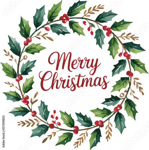 Festive mistletoe holly and ivy wreath with traditional christmas colors