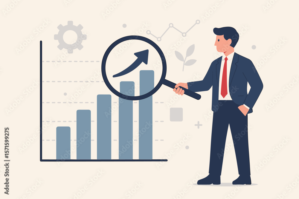 Obraz premium Businessman with magnifying glass analyzing KPI performance. Key performance indicator metrics and measurement for success. Business growth evaluation, result analysis concept.