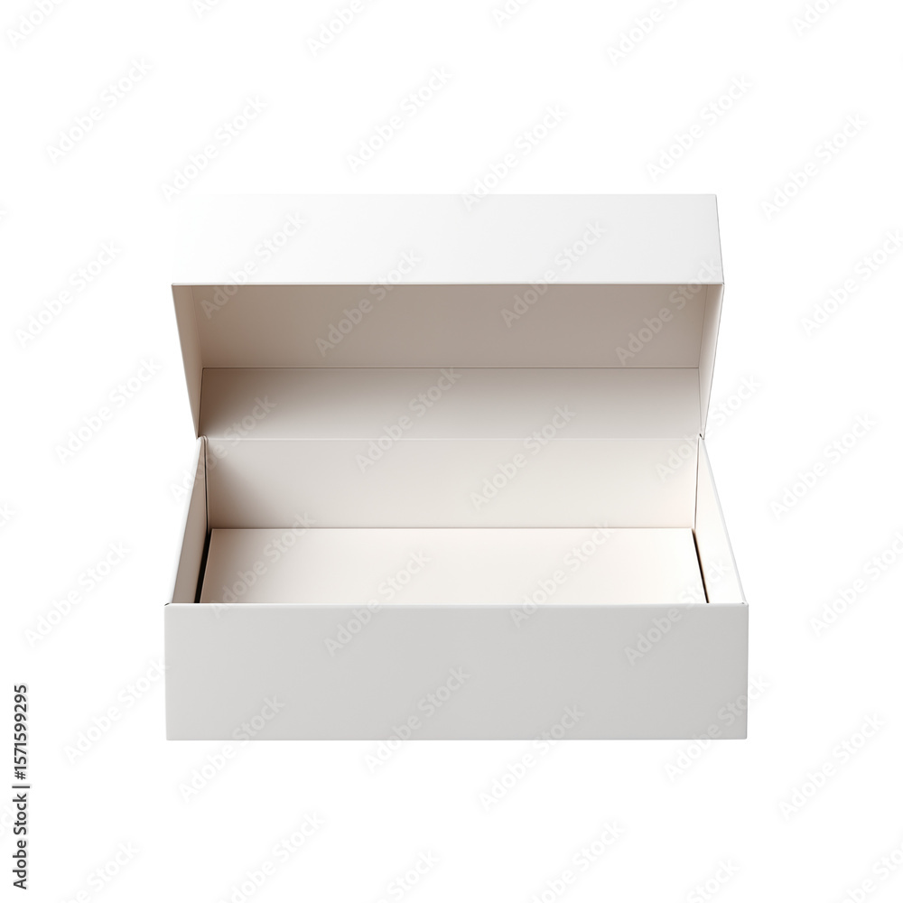 Open white cardboard box offers blank template against black background Open white cardboard box offers blank template against black background