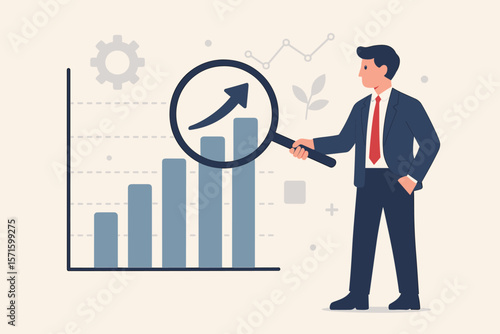 Businessman with magnifying glass analyzing KPI performance. Key performance indicator metrics and measurement for success. Business growth evaluation, result analysis concept.