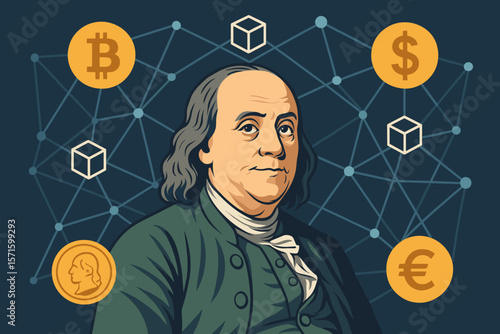 Benjamin Franklin with blockchain network. Cryptocurrency vs traditional money concept. Bitcoin, dollar, euro coins. Financial technology, fintech, DeFi evolution. Vector.