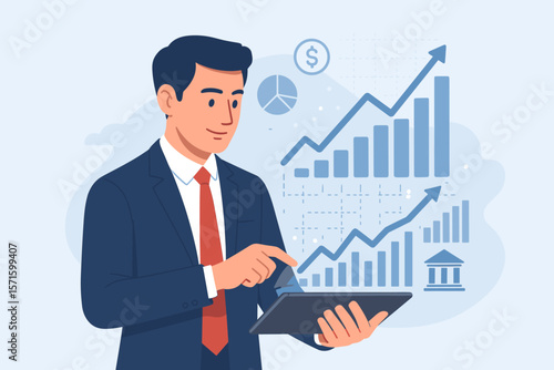 Businessman holding tablet analyzing stock market, currency exchange, banking. Virtual hologram shows growing statistics, graphs, charts. Business growth, investment concept.