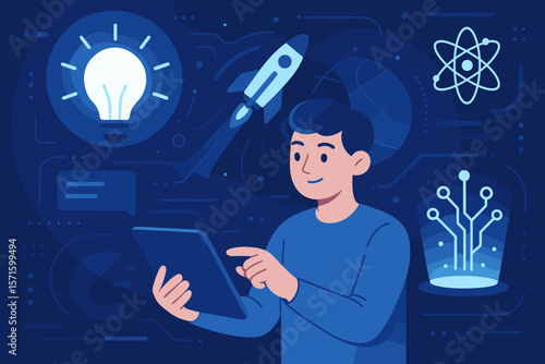 Innovation and technology concept with man using tablet. Idea lightbulb, startup rocket and science atom. Digital future, business development, research, global network concept.