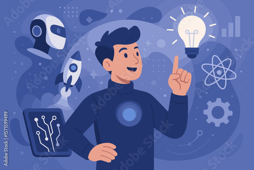 Concept of innovation and bright ideas. Man having a eureka moment. Lightbulb for creativity, solution, and inspiration. Tech startup, science, AI robot, future development.