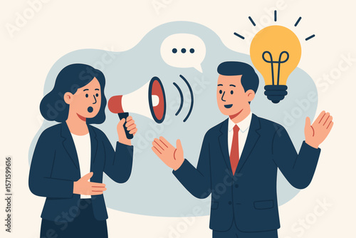 Business communication concept. Woman with megaphone making an announcement or sharing a message. Man listens, generating a creative idea. Teamwork, discussion, advertising strategy.