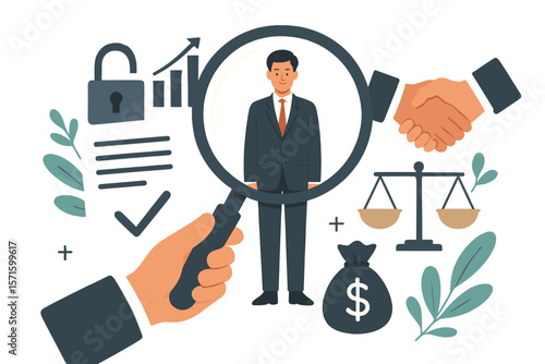 Corporate transparency and business ethics concept. Magnifying glass on businessman for integrity, trust, and responsibility check. Financial audit, legal agreement, governance.
