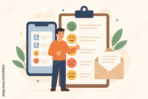 Customer survey concept with man giving feedback. Online and offline poll with satisfaction rating scale. User experience review, questionnaire checklist, and opinion report.