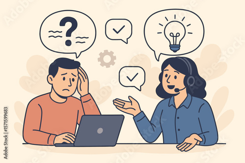 Customer service solving problem concept. Call center operator with headset helping confused client. Man with question, woman giving solution and idea. Helpline support staff.