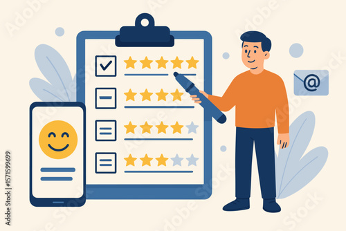 Customer survey and feedback concept. Man giving a star rating on a satisfaction report questionnaire. User experience review poll to improve online and offline service.