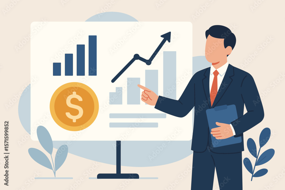 Businessman presenting financial data analysis, investment growth chart, accounting report, marketing statistics, upward graph, profit increase, business success concept Businessman presenting financial data analysis, investment growth chart, accounting report, marketing statistics, upward graph, profit increase, business success concept