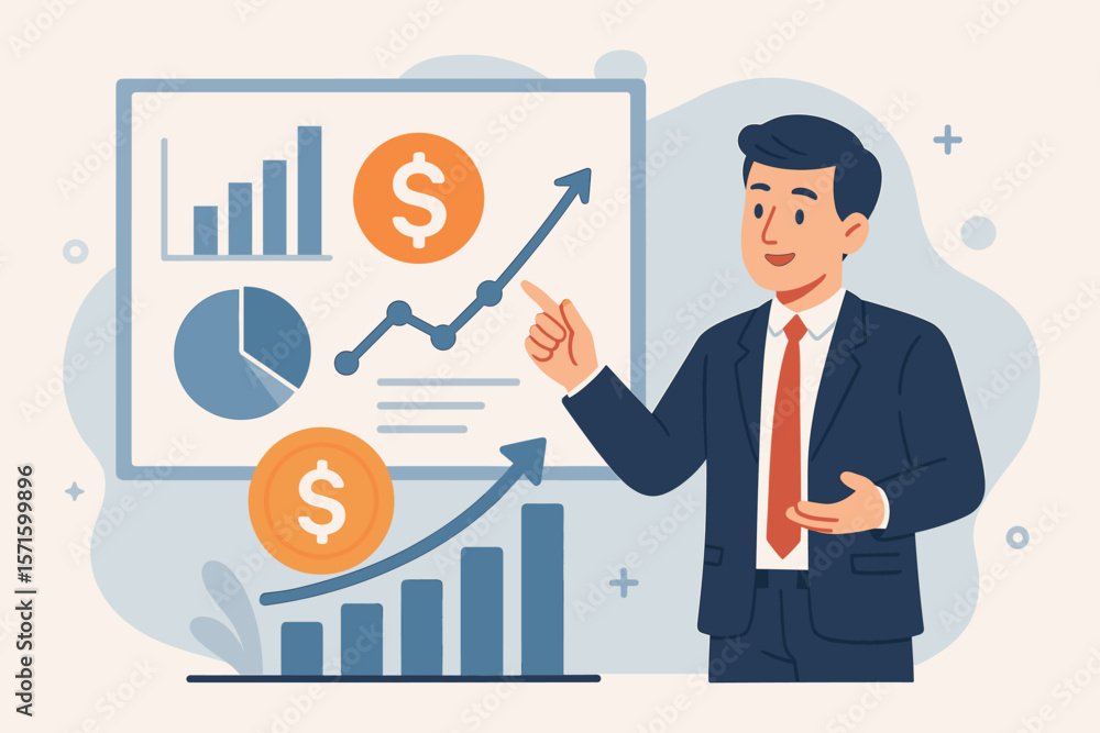 Businessman Presenting Financial Data, Investment Growth Chart, Accounting Report, Marketing Analysis, Statistics Presentation, Revenue Increase, Profit Strategy Concept Businessman Presenting Financial Data, Investment Growth Chart, Accounting Report, Marketing Analysis, Statistics Presentation, Revenue Increase, Profit Strategy Concept