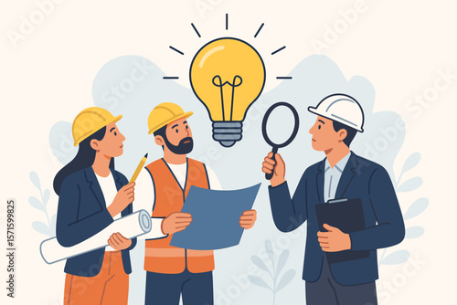Engineers and architects team brainstorming a new idea. Construction workers planning with blueprint. Creative project innovation, solution, and teamwork concept with lightbulb.