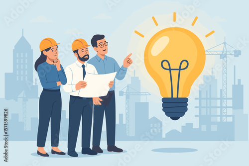 Engineer and architect team with blueprint discussing a new construction idea. Lightbulb as a symbol for innovation and creative solutions on a city building site vector.