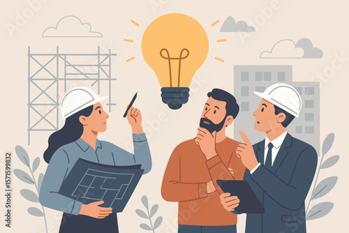 Engineers and architects brainstorming construction project ideas. Teamwork and collaboration with blueprint and lightbulb. Concept for building innovation and creative solution.
