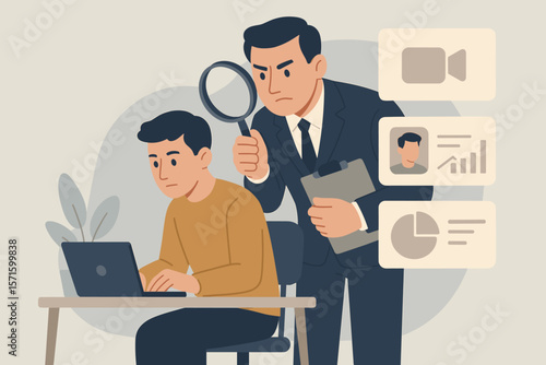Employee monitoring, micromanagement in remote work concept. Boss with magnifying glass watching every step. Analyzing, evaluating performance. Toxic workplace, scrutiny.