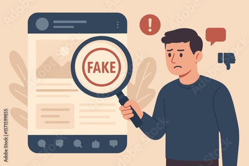 Fake news and false information sharing on social media concept. Man with magnifying glass detecting online hoaxes, lies, scams. Disinformation, dishonesty, and fact checking.