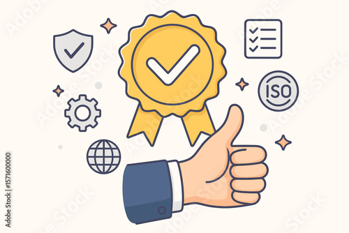 Quality Assurance Certification Concept. Thumbs Up Hand, Award Ribbon, ISO Standard, Guarantee, Service Excellence, Compliance, Satisfaction, Best Service, Approved Standards