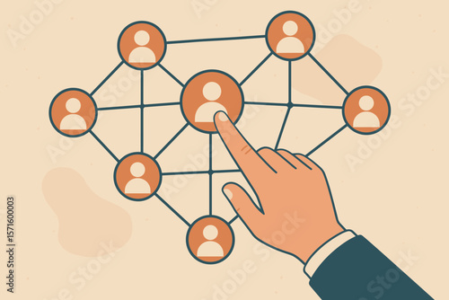 Business hand selecting team member on digital network. Human resources, recruitment, employee connection, leadership, teamwork, management, staff selection, organization concept