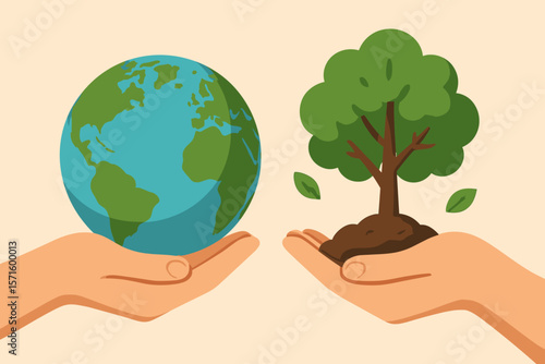 Human hands holding green Earth globe and a vibrant growing tree with leaves, environmental protection, nature care, ecology concept. Vector flat cartoon illustration.