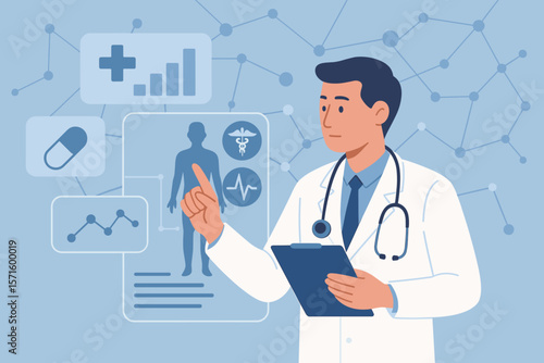 Medical doctor analyzing patient data, digital health records, diagnosis, research, healthcare technology, virtual interface, medical examination, data analysis, medicine