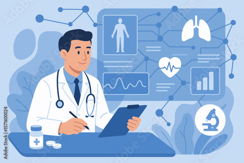 Medical doctor analyzing patient diagnosis data, digital health records, research, virtual interface, healthcare technology, medical examination, medicine, stethoscope, report