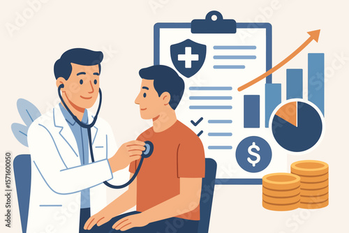 Doctor Examining Patient Healthcare Service Quality, Medical Insurance Cost Analysis, Budget Report, Financial Growth, Health Expenses, Medical Fees, Hospital Care Concept