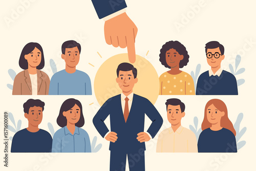 Human resource management concept. Employee selection process. Choosing leader from diverse team. Recruitment, candidate assessment, leadership, teamwork, HR illustration.