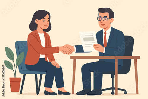 Business job interview handshake, employment contract agreement, HR human resources recruitment, career opportunity, employer offering job vacancy, hiring process illustration