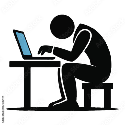 Vector art of a person with bad posture working on a laptop isolated on white background