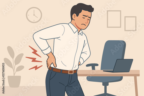 Office worker experiencing lower back pain from poor posture, sitting at desk, ergonomic injury, muscle strain, office syndrome, healthcare and medical concept illustration