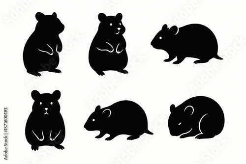 Whiskered Companions: Artistic Hamster Silhouette Collection Featuring Playful and Resting Poses on White Background