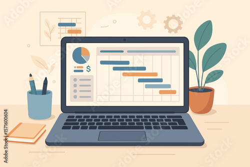 Project management planning for software development, resource allocation, budget analysis, Gantt chart schedule, work deadline tracking, business analytics on laptop