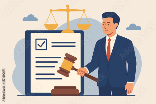 Legal authority and justice system concept. Businessman in suit holding gavel, legal document, courthouse scales, legislation, government lawsuit, verdict, punishment, law rules