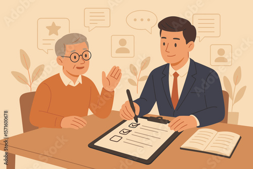 Business meeting illustration, requirements gathering, client demand, customer feedback, project summary, stakeholder discussion, checklist, professional consultation, meeting notes