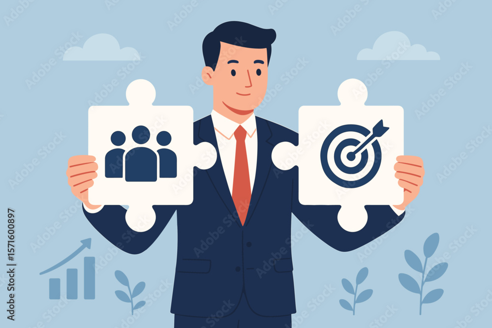 Businessman Holding Jigsaw Puzzle Pieces with Teamwork and Target Icons. Partnership, Collaboration, Strategy, Unity, Cooperation, Business Solution, Goal Achievement, Leadership Concept Businessman Holding Jigsaw Puzzle Pieces with Teamwork and Target Icons. Partnership, Collaboration, Strategy, Unity, Cooperation, Business Solution, Goal Achievement, Leadership Concept
