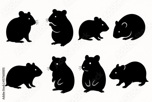 Whiskered Companions: Artistic Hamster Silhouette Collection Featuring Playful and Resting Poses on White Background