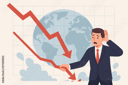 Global stock market crash, economic crisis, falling financial chart, business bankruptcy, recession, businessman holding broken red arrow, finance collapse concept