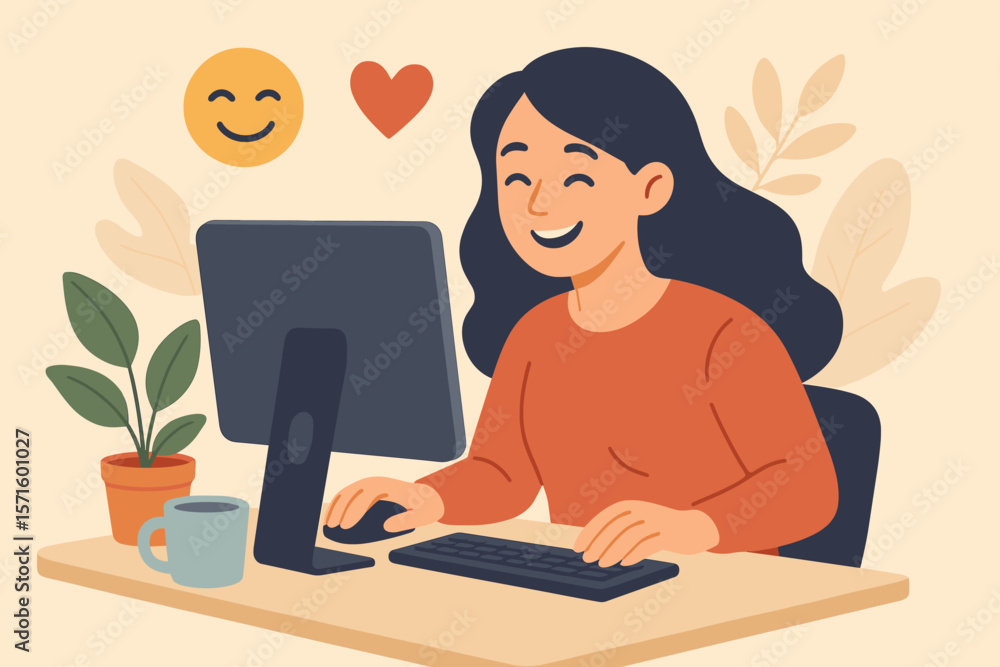 Happy businesswoman working at computer, employee wellbeing, job satisfaction, workplace happiness, passion for work, office environment, positive corporate culture, productivity Happy businesswoman working at computer, employee wellbeing, job satisfaction, workplace happiness, passion for work, office environment, positive corporate culture, productivity