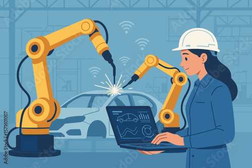 Female engineer monitoring robotic welding arms in smart automotive factory, industrial automation, car manufacturing, IoT, data analytics, wireless network, technology control