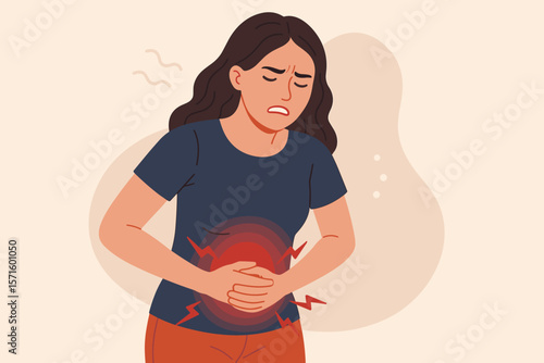 Woman holding stomach in pain, suffering from abdominal cramps, stomachache, menstrual period pain, gastric ulcer, appendicitis, gastrointestinal disease, healthcare concept