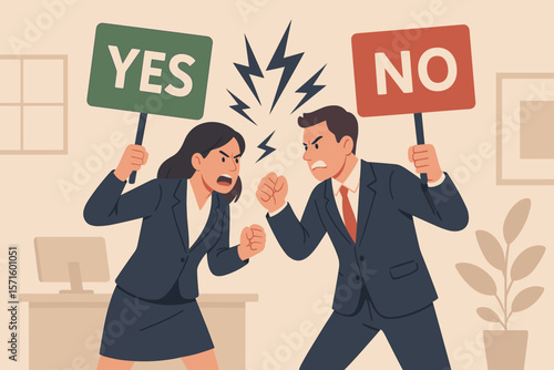 Office conflict debate between businessman and businesswoman holding yes and no signs, workplace argument, disagreement, rivalry, struggle, dispute, negative discussion concept