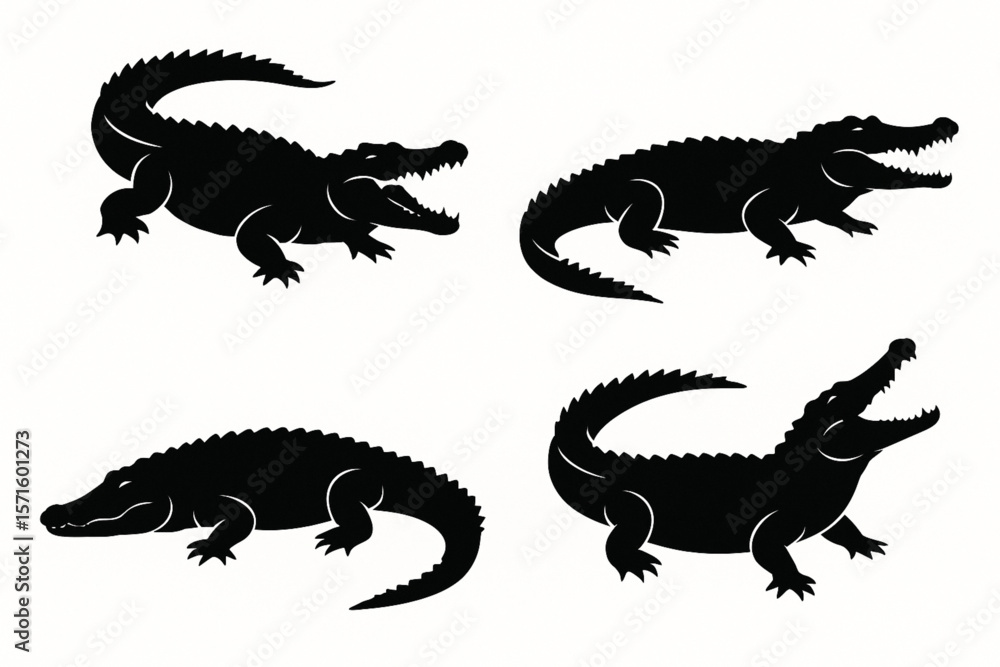 Naklejka premium Set of Large Crocodile Silhouette Vectors in Various Dynamic Poses on White Background