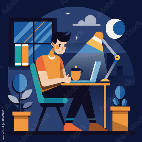 Freelance worker at home illuminated by desk lamp during nighttime work session