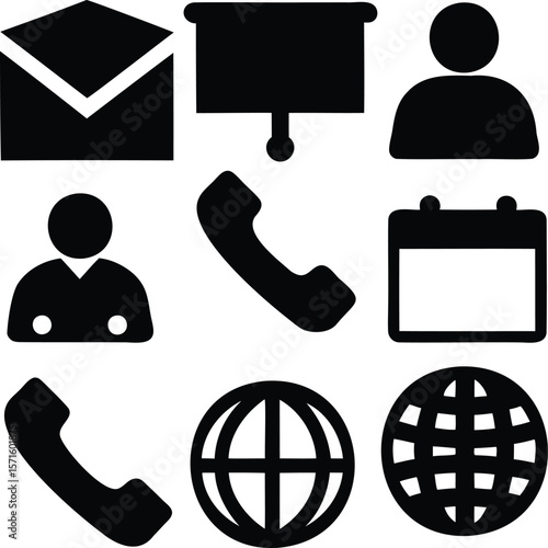 Set of Communication and Business Icons Including Email, Phone, Calendar, and More - Vector Design for Digital Communication and Professional Use