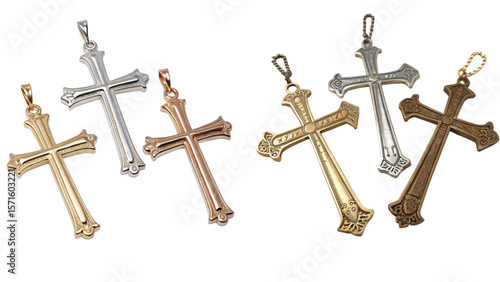 Metal Christian Cross PNG Set – Gold, Silver, Bronze Transparent Religious Symbol Bundle